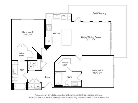 Floor plan for 2 beds, 2 baths, 1163 sqft